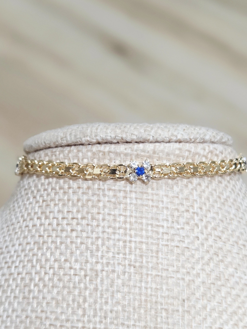 Dainty Gold Bracelet with Blue Centerstone and Clear Accents